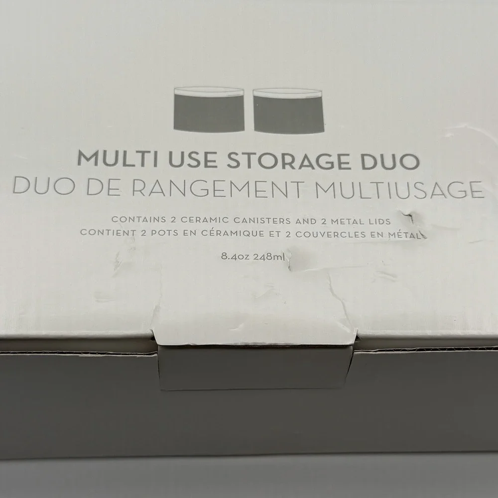Z Gallerie Multi Use Storage Duo Set of 2 Ceramic Canisters Gold Metal Lids
